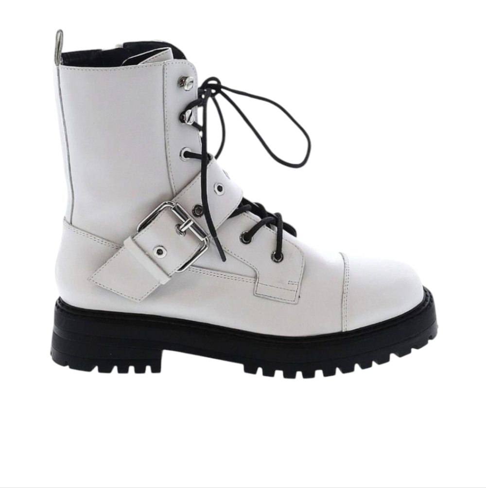 Zara Women's White Lace-Up Combat Boots With Silver Buckle Sz 40 (9) - Picture 1 of 4